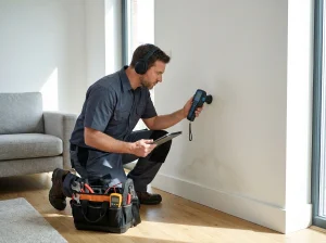 Técnico realizando detección de fugas de agua con equipo acústico en hogar moderno